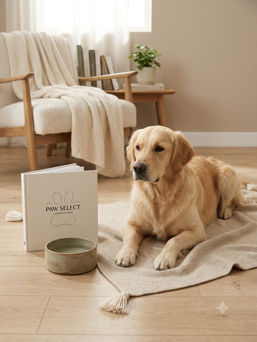 A golden retriever relaxing in a warm, neutral living room beside a dog bowl and a book.